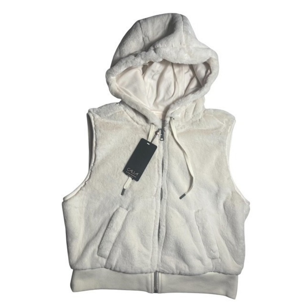 CALIA Womens Sz S Cream Faux Fur Zip Up Vest Hooded Pockets Cozy NWT Soft-1605